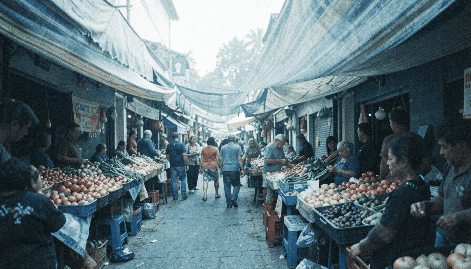 Mercado de abastos con puestos de frutas y verduras, toldos de lona a rayas y gente paseando, luz natural difusa