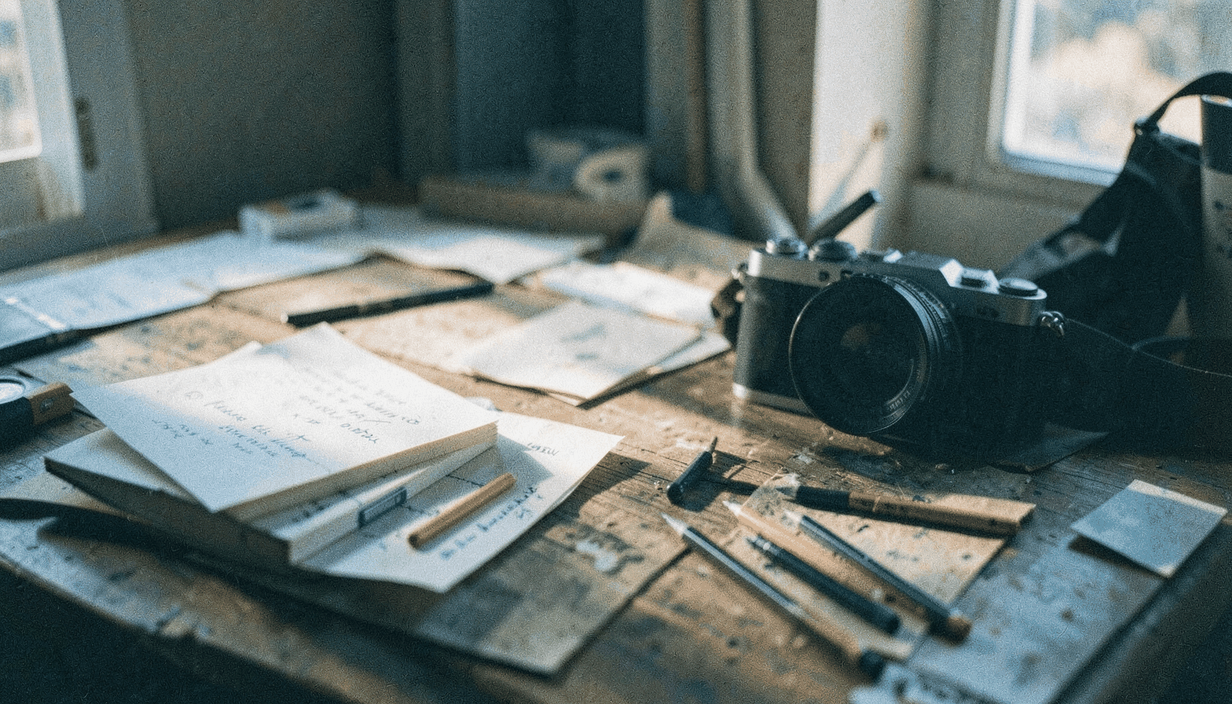 Fotografía analógica granulada de un espacio de trabajo creativo con papeles, cuadernos de campo, lápices y una cámara sobre una mesa de madera, luz natural suave, tonos tierra y crema.