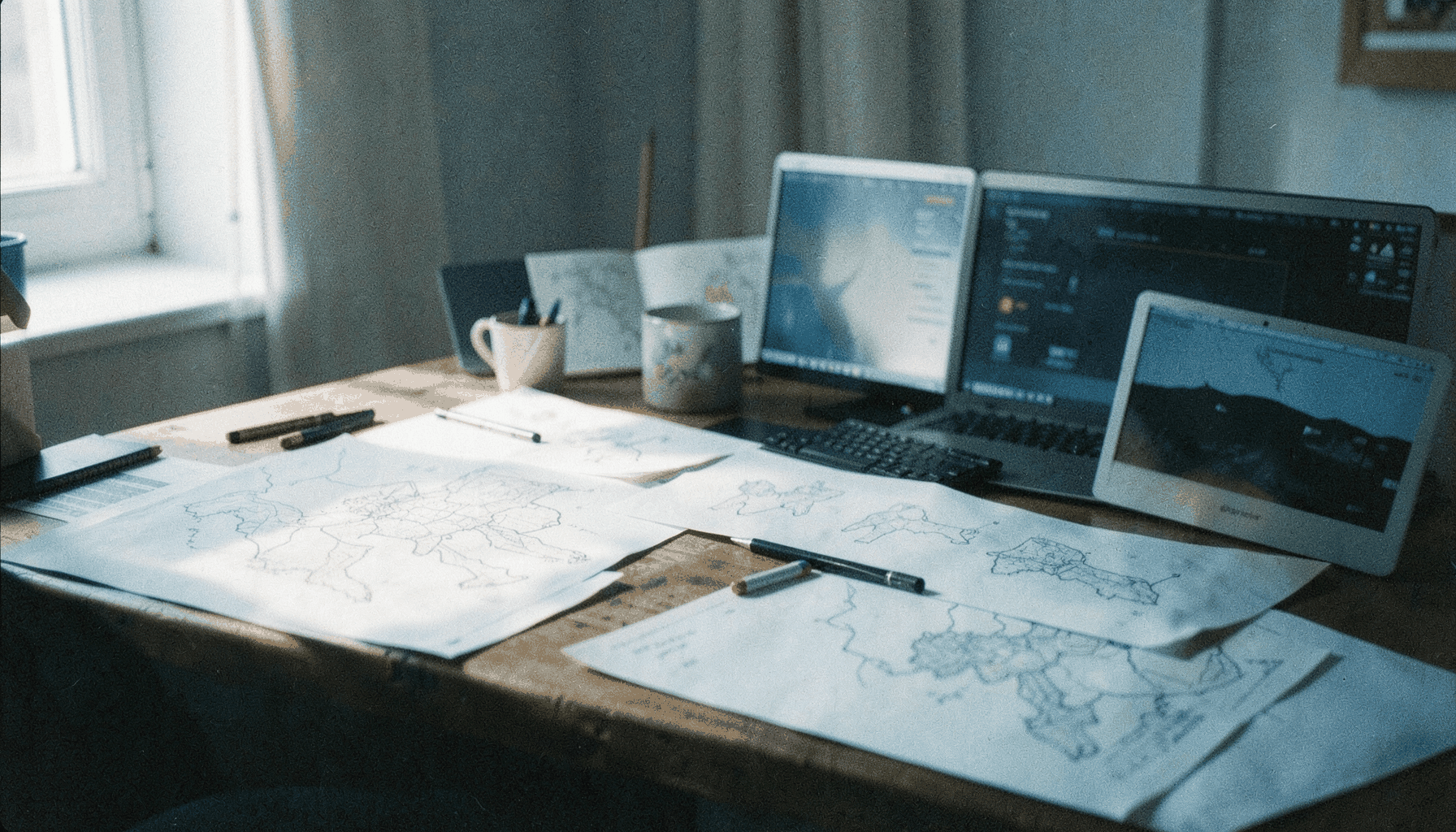 Fotografía analógica con grano visible de un estudio creativo iluminado por luz natural, con una mesa de trabajo de madera, papeles, cuadernos y herramientas de diseño esparcidas, atmósfera cálida y serena.