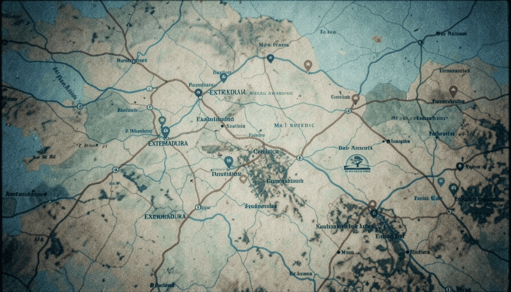 Mapa de carreteras de Extremadura con marcadores sobre pueblos y espacios naturales, tonos tierra y verdes apagados, fotografía analógica con grano visible